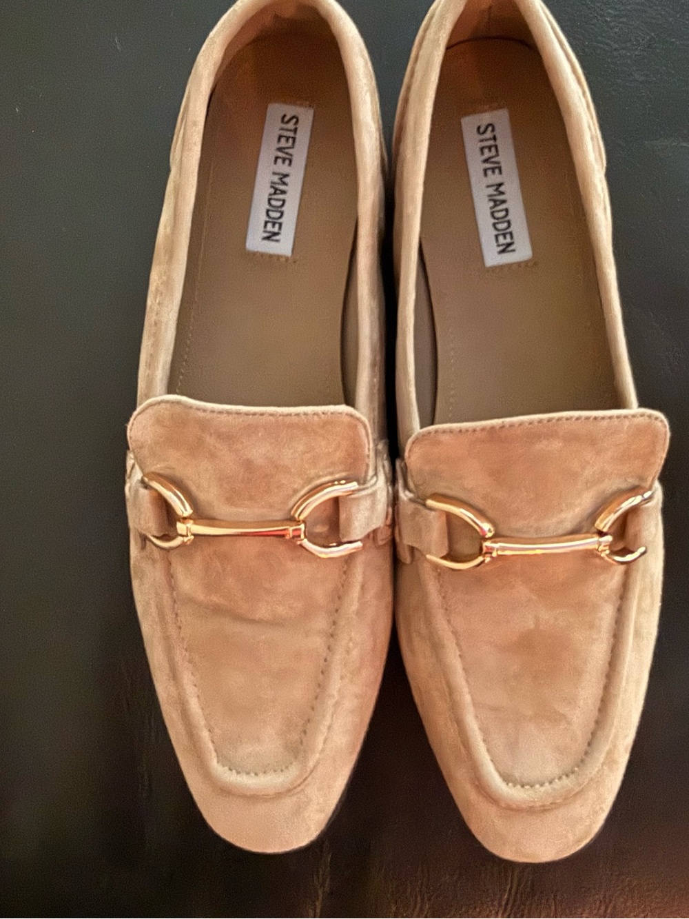 Steve Madden Taupe Suede Loafers with Gold Horsebit Hardware